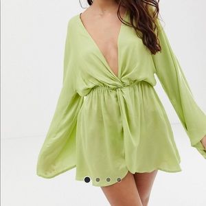 NWT Asos Green Satin Twist Front Beach Cover Up Dress Shirt